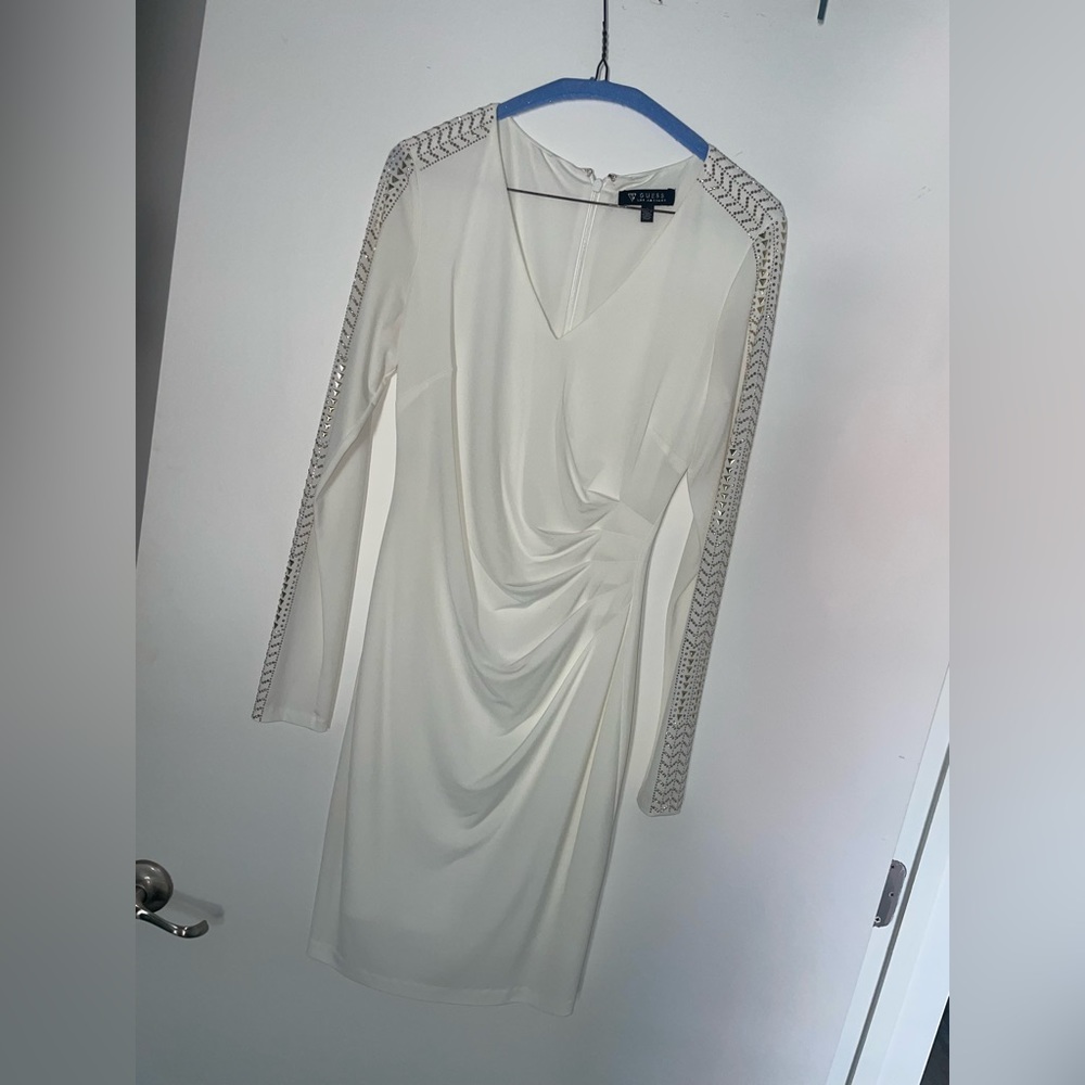GUESS LOS ANGELES |  Studded Ruched Sheath Dress Ivory gold embellished